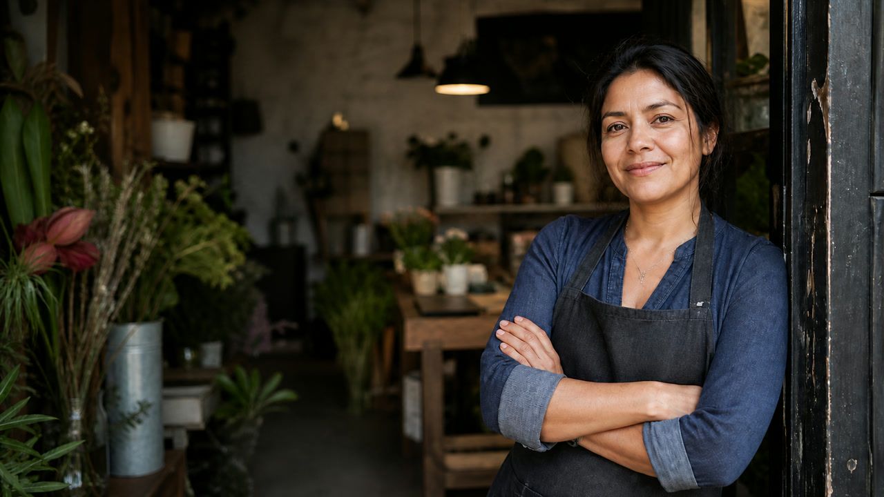 Dueña de una floristería local en la entrada de su negocio